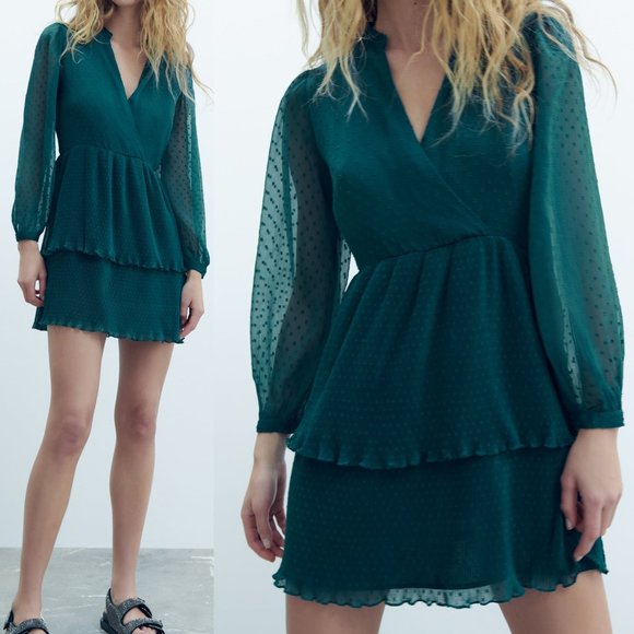 NEW Zara Teal Green Swiss Dot Mesh Surplice V Neck Ruffle Pleated Mini Dress M - Picture 1 of 11